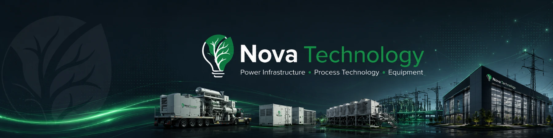 Nova Technology concept illustration featuring industrial power equipment and an energy facility